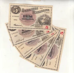 Tradera 5 kronor 1947-1952 5 styck ovikta ca 01/0| Sedler