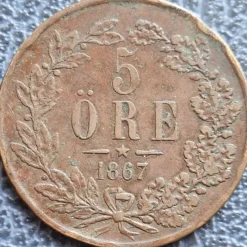 Tradera 5 Öre 1867 - Carl XV Sverige| Svenske Mønter
