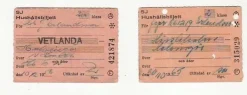 Tradera 2 st hushållsbiljetter, Vetlanda -56 o Hässleholm -65> Jernbane- & Sporvogns-memorabilia