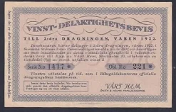 Tradera Delaktighetsbevis i Premieobligationslån våren 1922.> Lotterier & Lodsedler