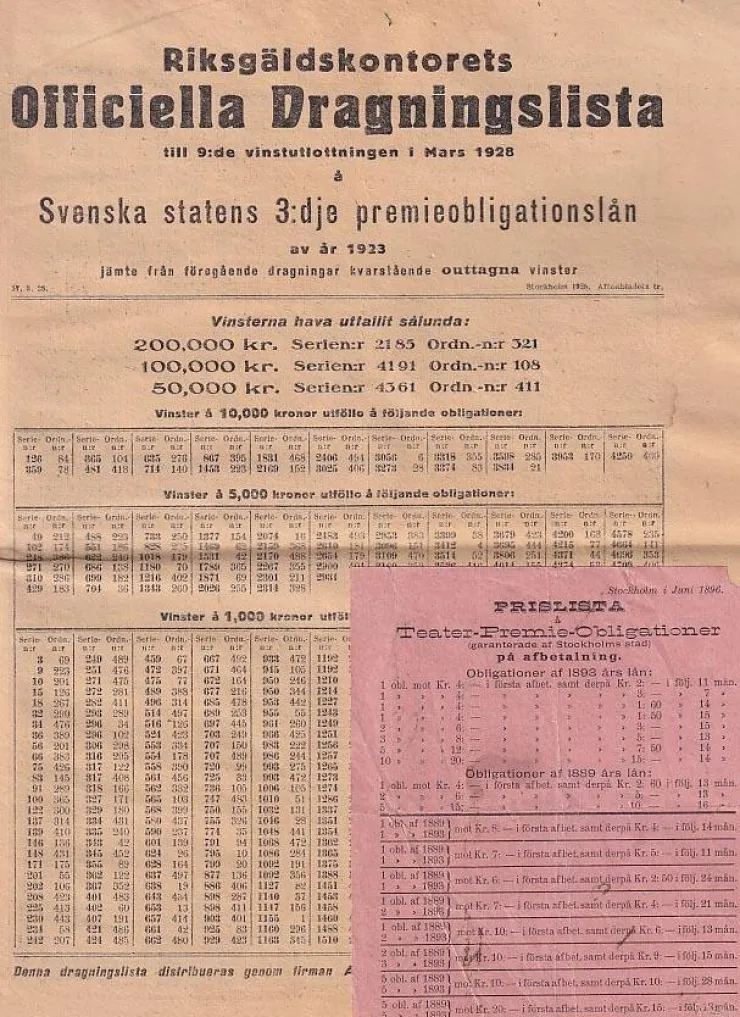 Tradera Dragningslista premieobligationer 1923 + prislista 1896> Lotterier & Lodsedler