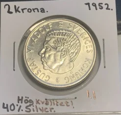 Tradera Ett svensk 2 kronor silvermynt från 1952. Myntet är i HÖG KVALITET! Toppen ex!| Svenske Mønter