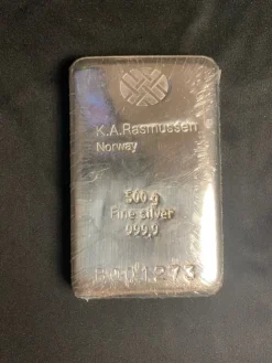 Tradera 500g Silverbarr K.A.Rasmussen 999,9| Andre Mønter & Sedler
