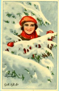 Tradera Jenny Nyström - Gott Nytt År - Dam i rött i snöväder| Generelle Motiver