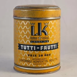 Tradera Plåtburk för karameller Tutti-Frutti Lidköpings Konfektyr karamellburk> Metalemballage