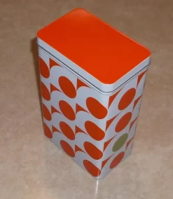 Tradera Plåtburk Vit med Orange prickar IKEA> Metalemballage