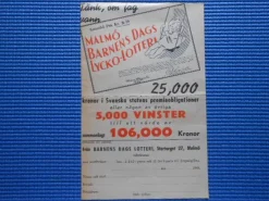 Tradera Reklam och beställningssedel Malmö Barnens dags lotteri 1943 Lyckolotteri> Lotterier & Lodsedler