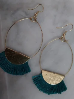 Tradera Örhängen BLÅGRÖN textil/Guldig metall Solfjäder Bredd ca 4,5 cm> Øreringe