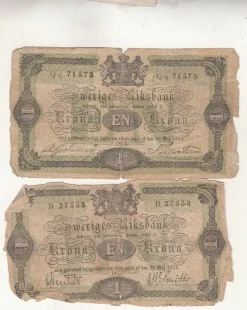 Tradera Sedel 1 krona 1874 2 styck hål riss 1?| Sedler