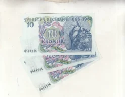 Tradera Sedel 10 kronor 1958 jub 3 styck ovikt ca 0 till 01/0| Sedler