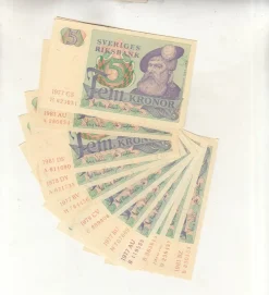 Tradera Sedel 5 kronor 1981 och tidigare 13 styck ovikta ca 0 till 01/0| Sedler
