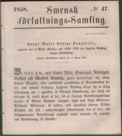 Hot SFS 1858. No 47. Riksdagens åtagna Bewillning [beskattning] Antikkens Litteratur