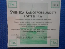 Tradera Svenska kanotförbundet lotteri 1936. Max Anderssons kanotbyggeri Västerås> Lotterier & Lodsedler