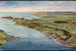 Tradera Tecknat vykort med flygvy över Helsingborg och norra Öresund.| Svenske Landskaber