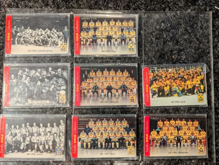 Tradera Telefonkort Tre Kronor Estrella Gold Collection NYA oanvända phonecards hockey> Telefonkort