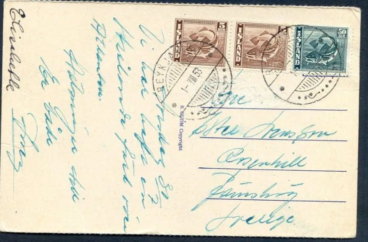 Tradera Thingvellir Tingvalla Island skickat 1953 OBS Frankering äldre fiskfrimärken| Norden