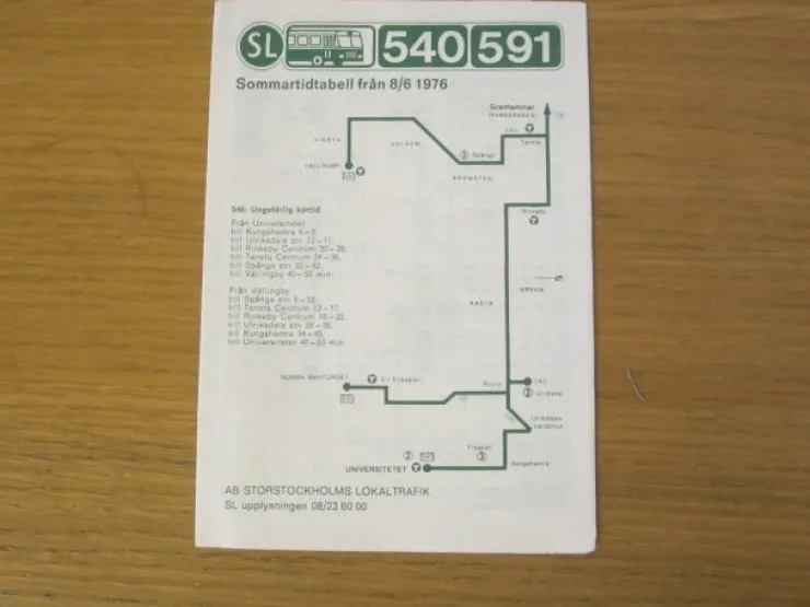 Tradera Tidtabell 1976 SL Busslinjerna 540 & 591 Tidtabell från 8/6> Køreplaner