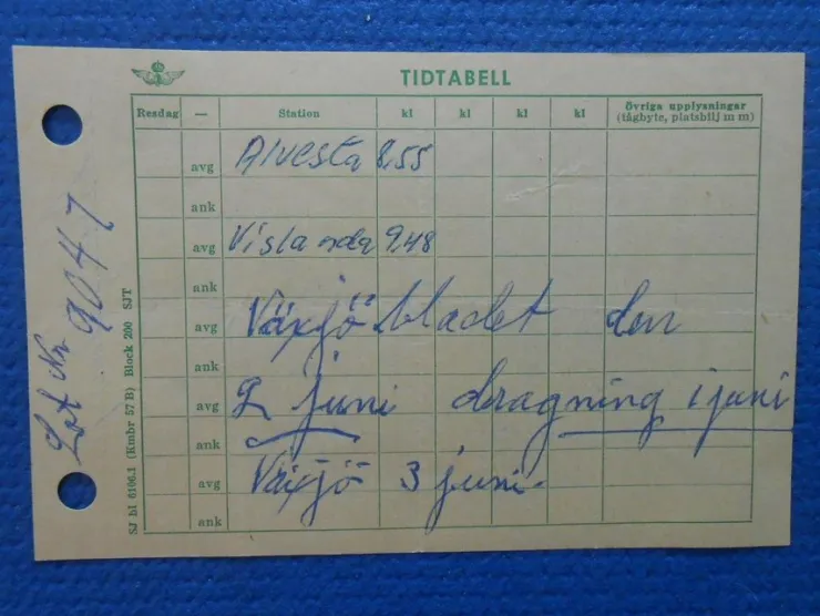 Tradera Tidtabell Alvesta Vislanda SJ Statens Järnvägar> Jernbane- & Sporvogns-memorabilia