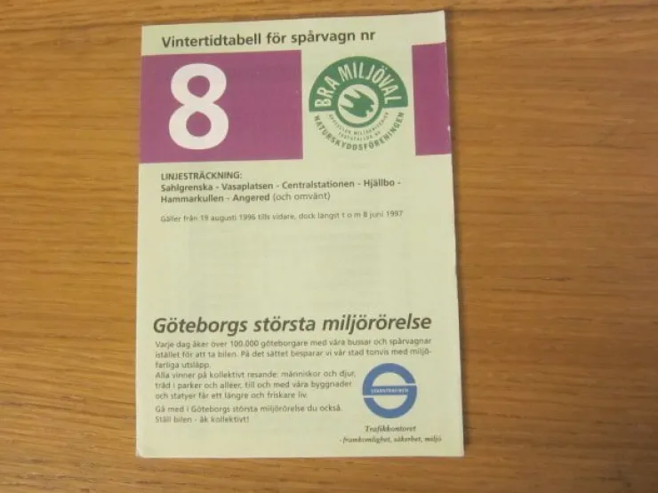 Tradera Tidtabell Göteborgs spårvagn linje 8 vintertidtabell 1996/1997> Køreplaner