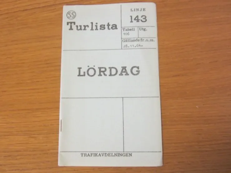 Tradera Tidtabell Linje 143 Turlista Lördag Buss Stockholm 1964> Køreplaner