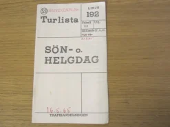 Tradera tidtabell Linje 192 Turlista Söndag Helgdag 1965> Køreplaner
