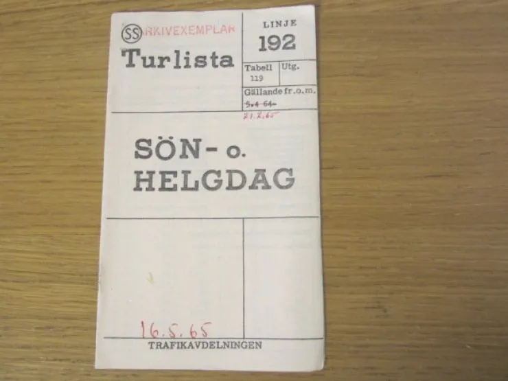 Tradera tidtabell Linje 192 Turlista Söndag Helgdag 1965> Køreplaner