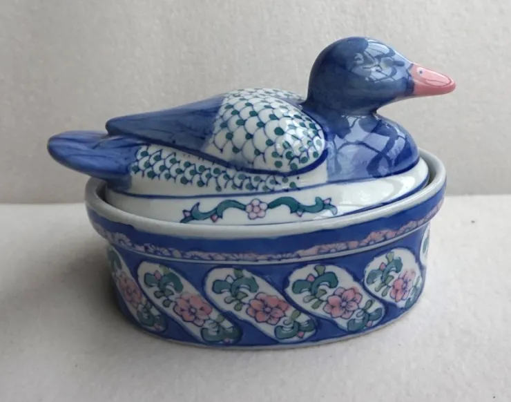Flash Sale Vintage Ankterrin skål/Karott/ med lock Porslin /keramik Kina med anka på locket Orientalsk Kunst Og Porcelæn